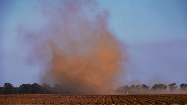 Wind whips up the dust over a dry farm in the Deniliquin region.