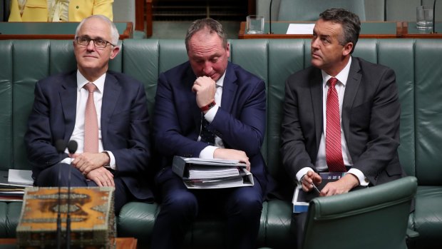 Prime Minister Malcolm Turnbull, Deputy Prime Minister Barnaby Joyce and Transport Minister Darren Chester during question time on Tuesday.