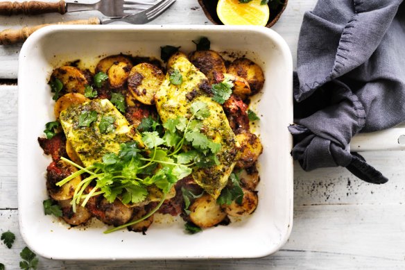 Neil Perry's blue eye trevalla with Moroccan style potatoes and tomatoes
