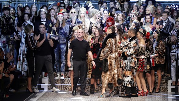 Stefano Gabbana, left, and Domenico Dolce take the catwalk at the end of the presentation of their Dolce&Gabbana women's Fall-Winter 2017-2018 collection.