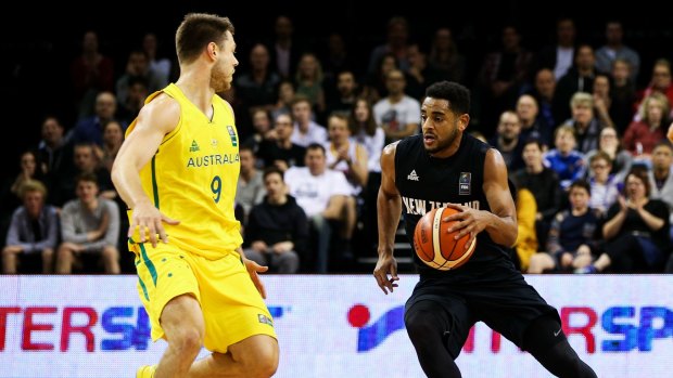 Rising star: Corey Webster looks for a way past Matthew Dellavedova during game two between the New Zealand Tall Blacks and Australian Boomers at at TSB Bank Arena in Wellington.