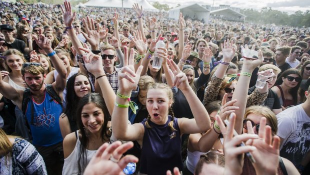 Crowds cheer as the DZ Deathrays play the Canberra festival on Sunday.