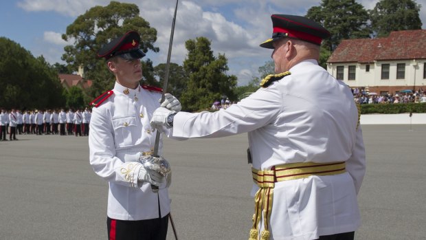 Proud moment: Senior Under Officer William Leben, left, receives the Sword of Honour from Governor-General Sir Peter Cosgrove.