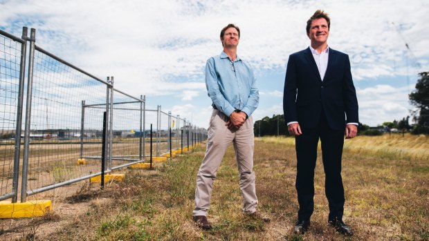 Foy's Bevan Dooley and Stuart Clark at the site of the proposed plastics-to-fuel factory in Hume. 