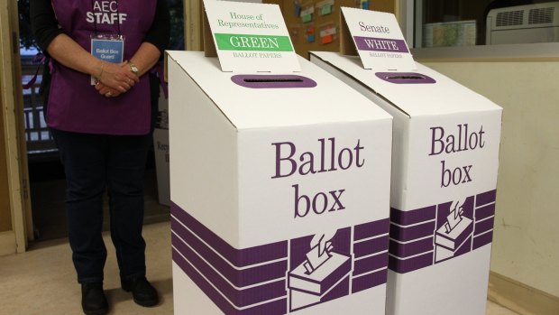 Ballot boxes at the 2016 federal election.