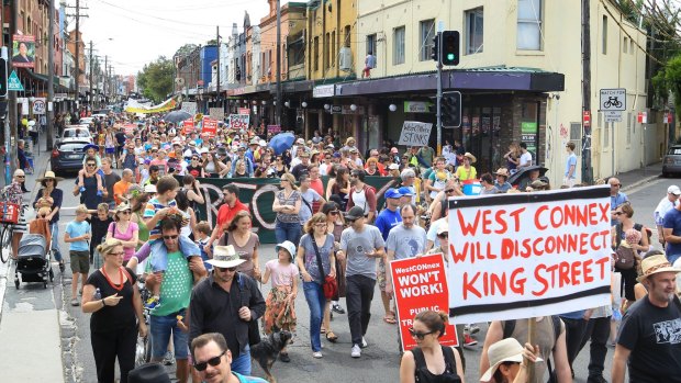 Concerned residents take to the streets of Newtown in February to protest the proposed development of the NSW government's WestConnex tunnel and road project.
