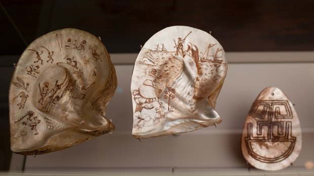 Intricately carved pearlshell from Lustre: Pearling and Australia at the National Museum of Australia.