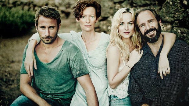 Matthias Schoenaerts, Tilda Swinton, Dakota Johnson and Ralph Fiennes in <i>A Bigger Splash</i>.