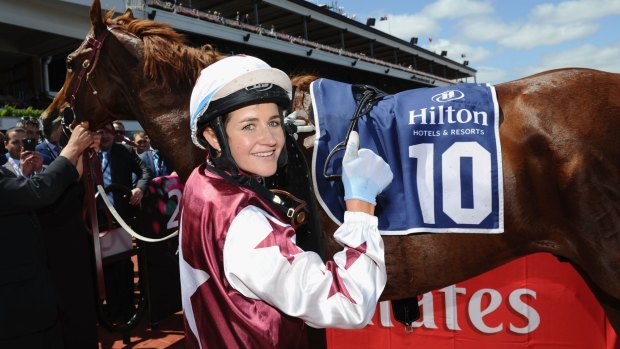 Michelle Payne after riding Palentino to win on Stakes Day at Flemington Racecourse.