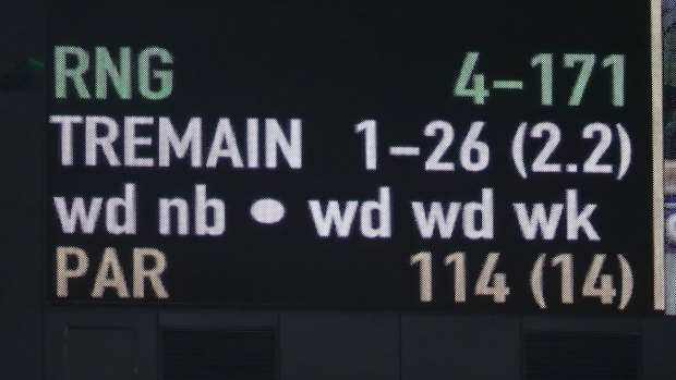 A detail of the scoreboard as Chris Tremain bowled.