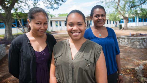 Business and economics students Johnetta Lili, Annemary Serat and Jollanda Methew at the University of Papua New Guinea.