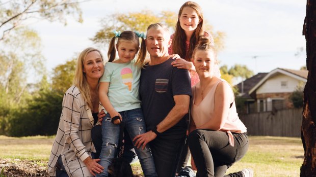 Isla Batchelor, survivor of T-cell acute lymphoblastic leukaemia, with mother Sarah, father Darrin and sisters Lily and Ainsley. 