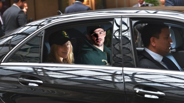 Taking Ride Boom for a spin ... Collingwood captain Scott Pendlebury and partner Alex Davi.