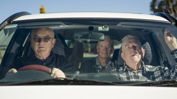 Elderly drivers Terry Stewart, Murray Bromfield and Greg O'Neill take a drive.