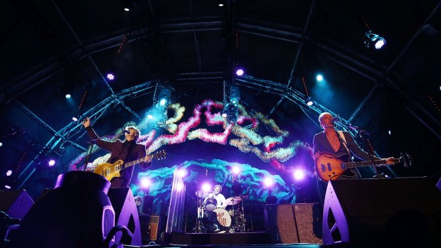 Neil Finn, Matt Sherrod and Nick Seymour of Crowded House performing at the Opera House.