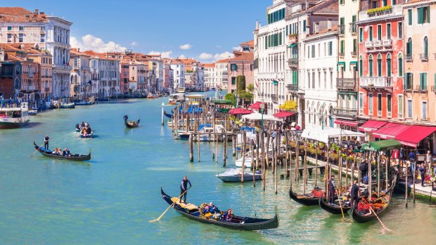 Gondolas on the Grand Canal, next to the Fondementa del Vin, Venice.