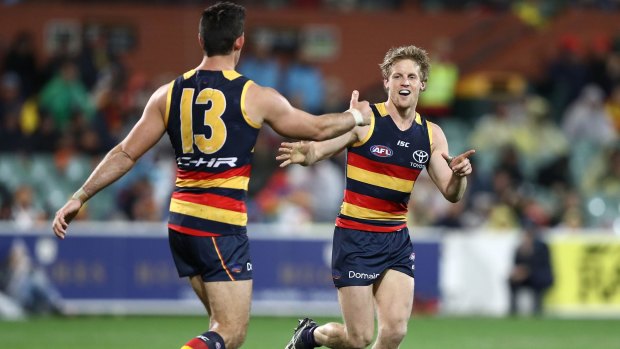 ADELAIDE, AUSTRALIA - JULY 07: Rory Sloane of the Crows celebrates a goal during the round 16 AFL match between the Adelaide Crows and the Western Bulldogs at Adelaide Oval on July 7, 2017 in Adelaide, Australia. (Photo by Ryan Pierse/Getty Images)