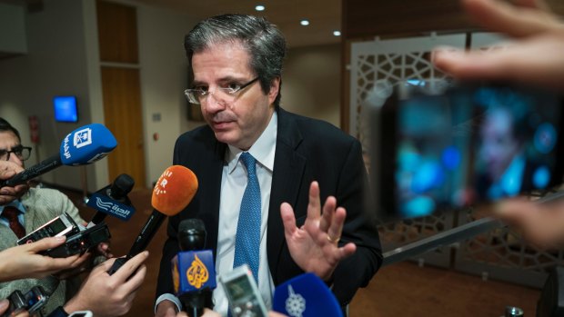 Francois Delattre, UN ambassador of France, addresses reporters before an expected vote by the UN Security Council on the crisis on Monday.