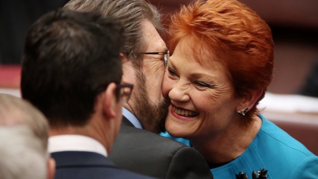 Senator Hanson was also embraced by Senator Derryn Hinch after she delivered her first speech in the Senate.