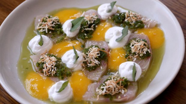 Kingfish sashimi with green chilli, mango and coconut.