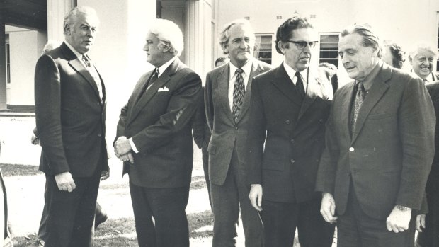Members of the executive council met the Governor-General Sir John Kerr at Government House. (From left) Gough Whitlam, Sir John Kerr, Tom Uren, Kep Enderby, and Jim Cairns.