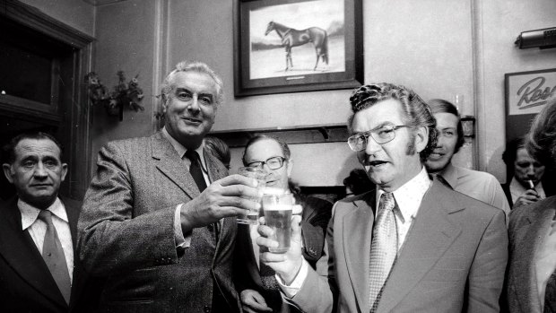 Gough Whitlam and Bob Hawke having a beer in the Trade Hall Hotel on Sussex Street on April 17, 1974.