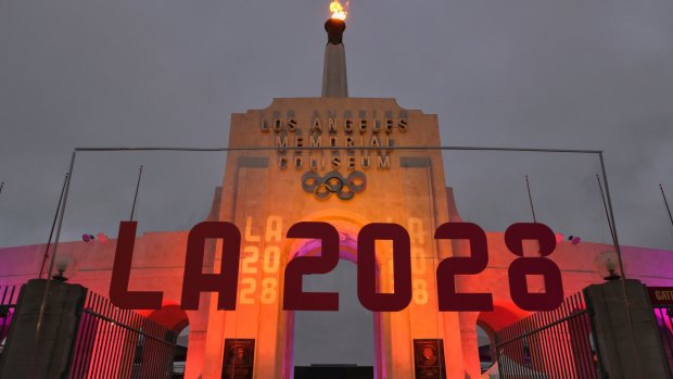 The blazing Olympic cauldron at the Los Angeles Memorial Coliseum.