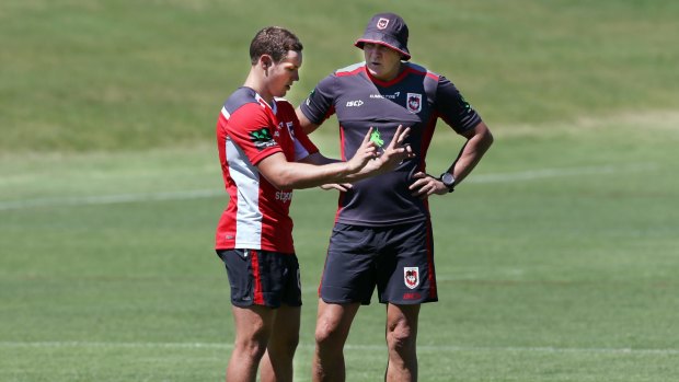Timely advice: Kurt Mann talking with coach Paul McGregor during Dragons training at WIN Stadium. 