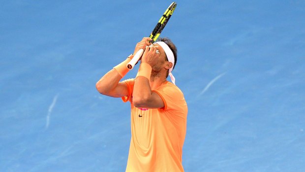 Frustration: Nadal reacts during his Brisbane loss to Milos Raonic.