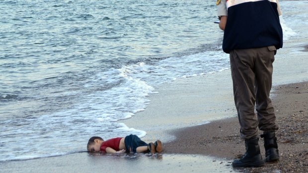The body of Aylan Kurdi on a Turkish beach.