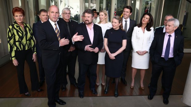 A group photo for new Senators in a Parliament House courtyard.