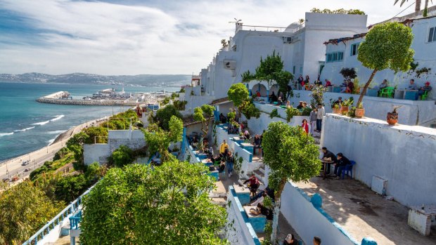 Café Hafa, a former hangout for the Beatles and the Rolling Stones, where tiered terraces stare across the Strait of Gibraltar.