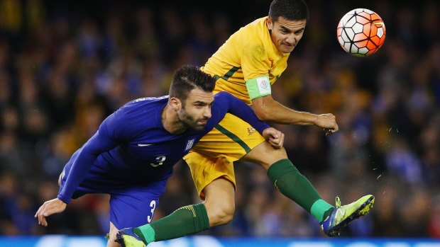 Tim Cahill in action against Greece on Tuesday night.