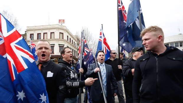 Protesters at an anti-Islam rally in Bendigo. 