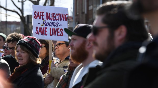 A rally for safe injecting rooms in Richmond last month.