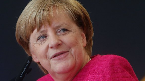 German Chancellor Angela Merkel speaks during an election campaign stop.