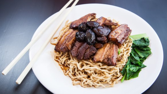 Mie babi samcan - handmade noodles with triple-cooked pork belly - at Pondok Bamboe Koening Indonesian restaurant.