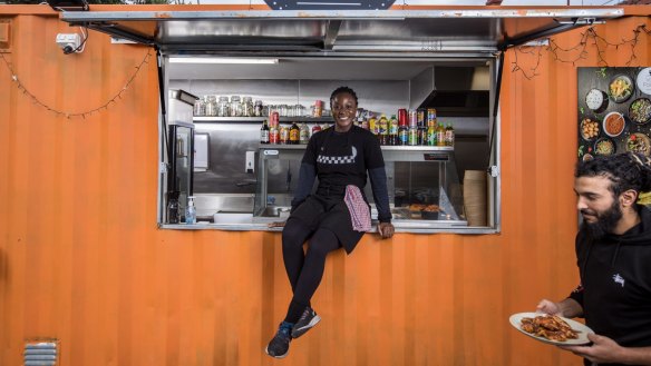 Ashley Vola with her al fresco shipping-container restaurant.