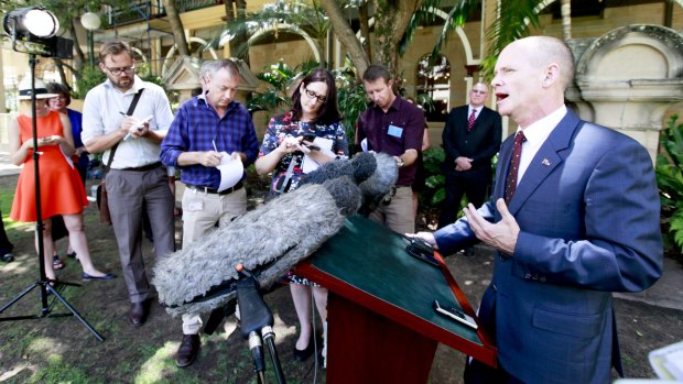 Premier Campbell Newman speaks at a press conference outside Parliament House.