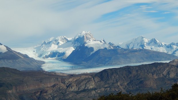 Glaciers above Estancia Cristina: Upsala in the foreground, Murallon glaciers and the peak, Cono, at 2337 metres.