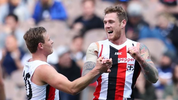 Saintly disposition: St Kilda's Tim Membrey celebrates with David Armitage after kicking a goal last weekend.