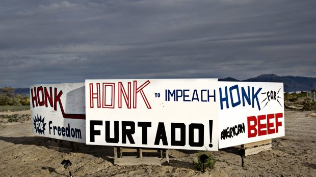 Signs protesting the Bureau of Land Management and Doug Furtado, the BLM manager for the district, in Battle Mountain.
