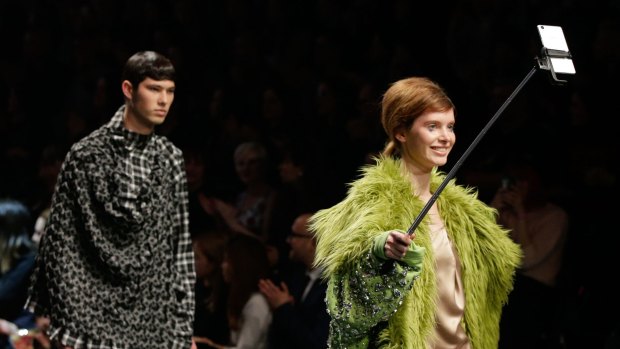 Look at me: Caitlin Sanderson live streams her walk at Spring Fashion Week.