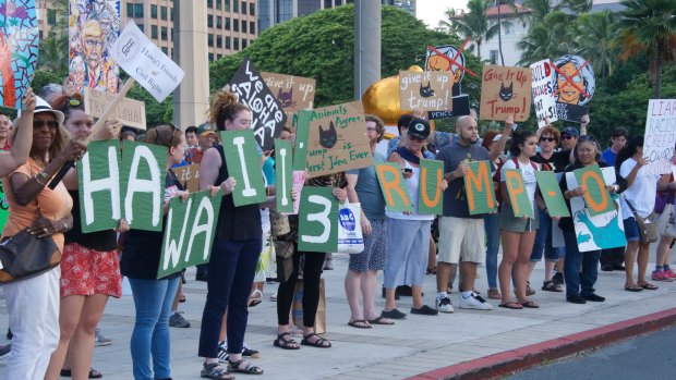 Protesters during President Donald Trump's visit to Honolulu. 