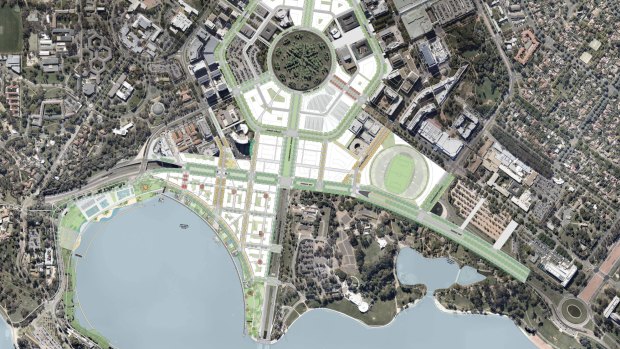 An aerial diagram of the City to the Lake development area. Questions remain as to whether the Parkes Way/Coranderrk Street roundabout will have to be moved before UNSW redevelops a Constitution Avenue car park. 