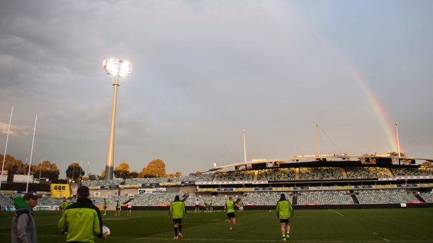 The Raiders trained under lights at Canberra Stadium on Wednesday.