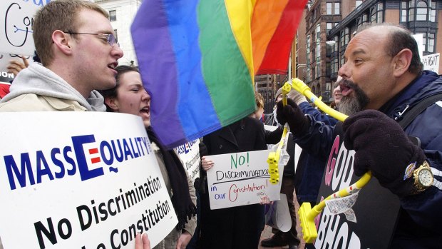 Same sex marriage supporters and opponents confront each other in Massachusetts.