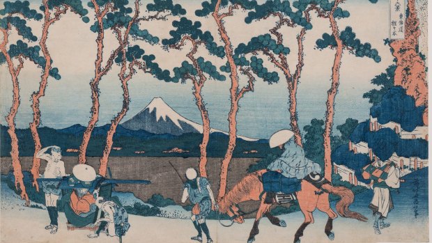 Hodogaya on the Tokaido from Katsushika Hokusai's Thirty-six Views of Mt Fuji series, 1830-34.