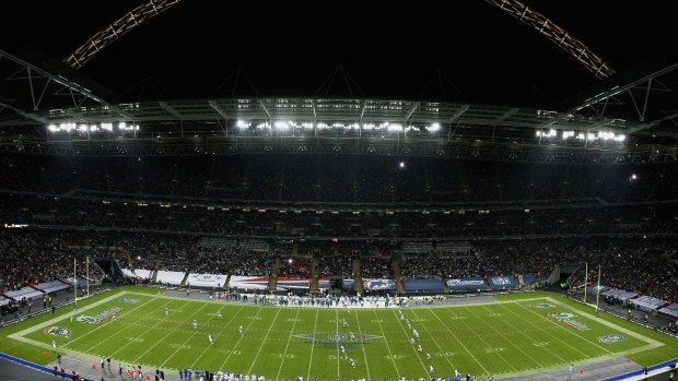 Old deal: The New York Giants and Miami Dolphins face off at Wembley Stadium.