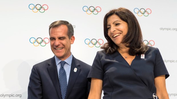 LA Mayor Eric Garcetti and Paris Mayor Anne Hidalgo, Mayor of Paris at the IOC Extraordinary Session.